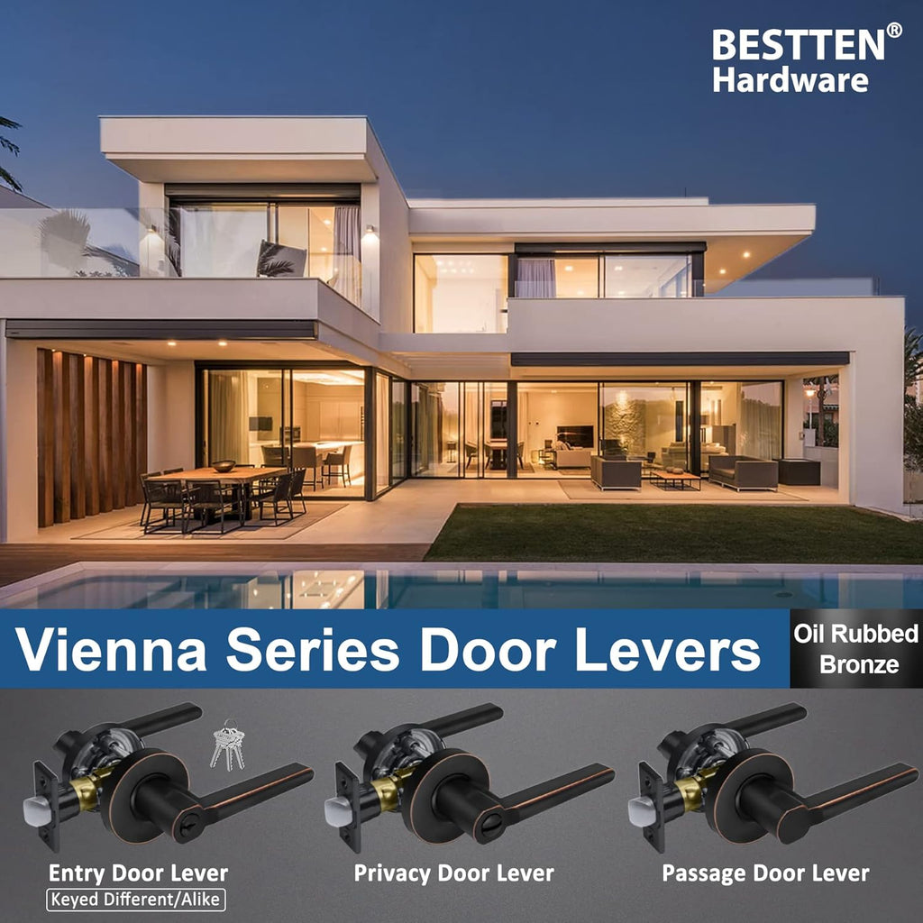 [2 Pack] Oil Rubbed Bronze Keyed Alike Entry Door Lever Set with Lock D115331