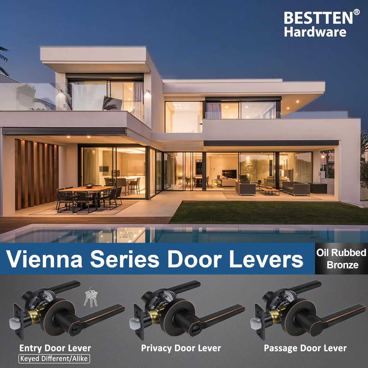[2 Pack] Oil Rubbed Bronze Keyed Alike Entry Door Lever Set with Lock D115331