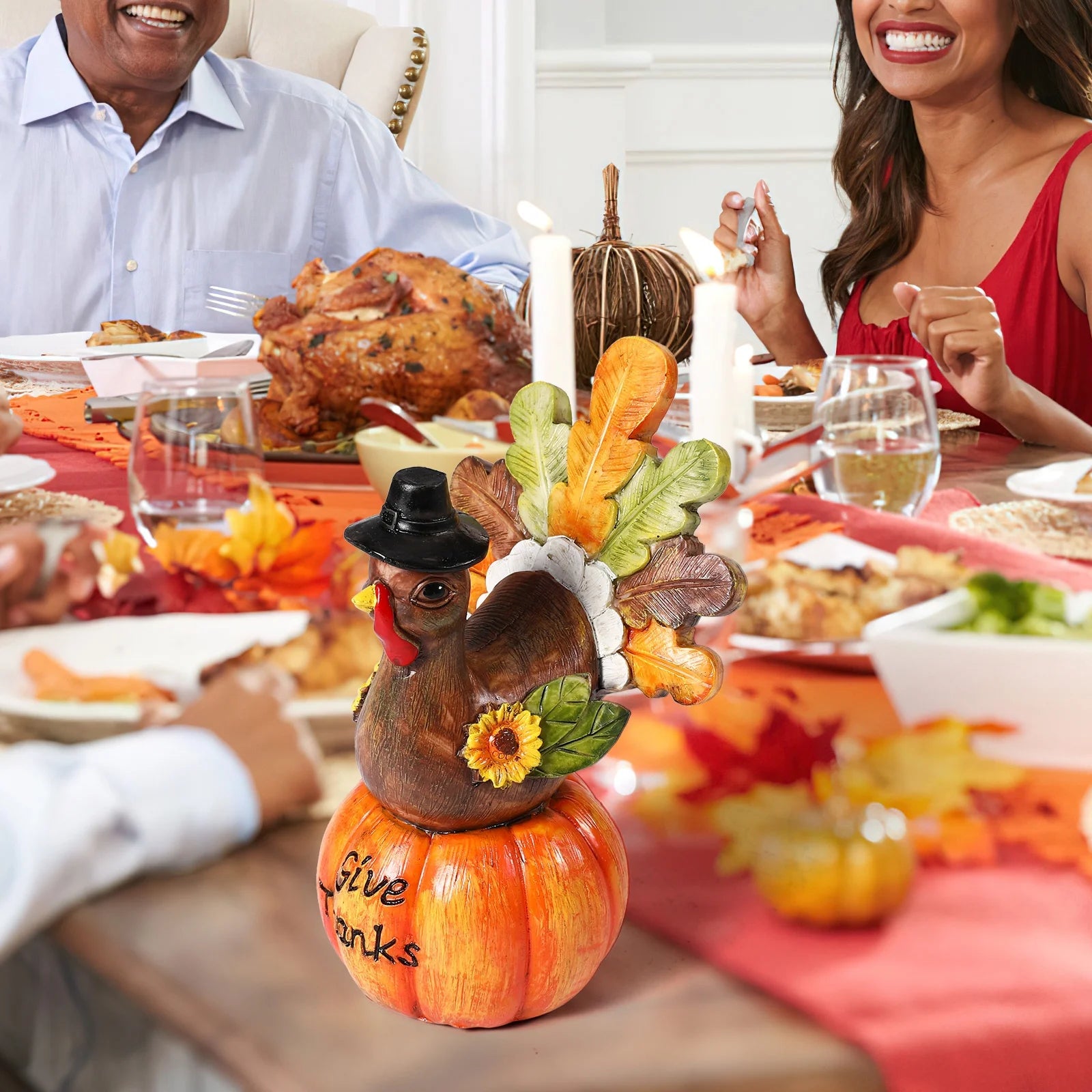 Hand-Painted Turkey Pumpkin Centerpiece Table Decoration with Artificial Maple Leaves F76885