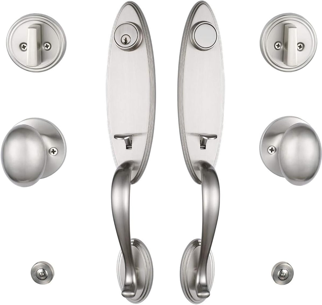 Double Door Handleset Brushed Nickel Finish Keyed Entry Handle and Dummy Handleset Set F56219