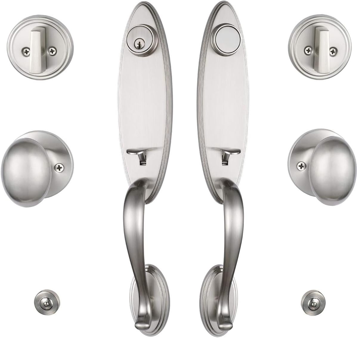 Double Door Handleset Brushed Nickel Finish Keyed Entry Handle and Dummy Handleset Set F56219