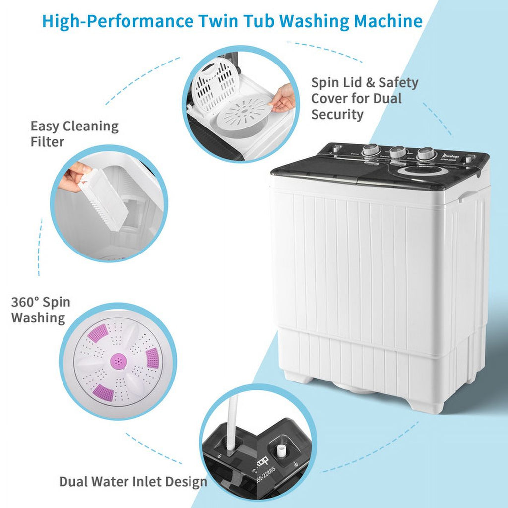 Semi-automatic Twin Tub Washing Machine with Built-in Drain Pump, 26Lbs, White&Black F944033