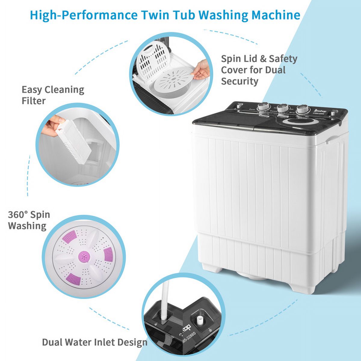 Semi-automatic Twin Tub Washing Machine with Built-in Drain Pump, 26Lbs, White&Black F944033