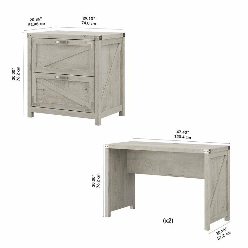 2 Person Farmhouse Desk Set with Lateral File Cabinet in Cottage White I95830