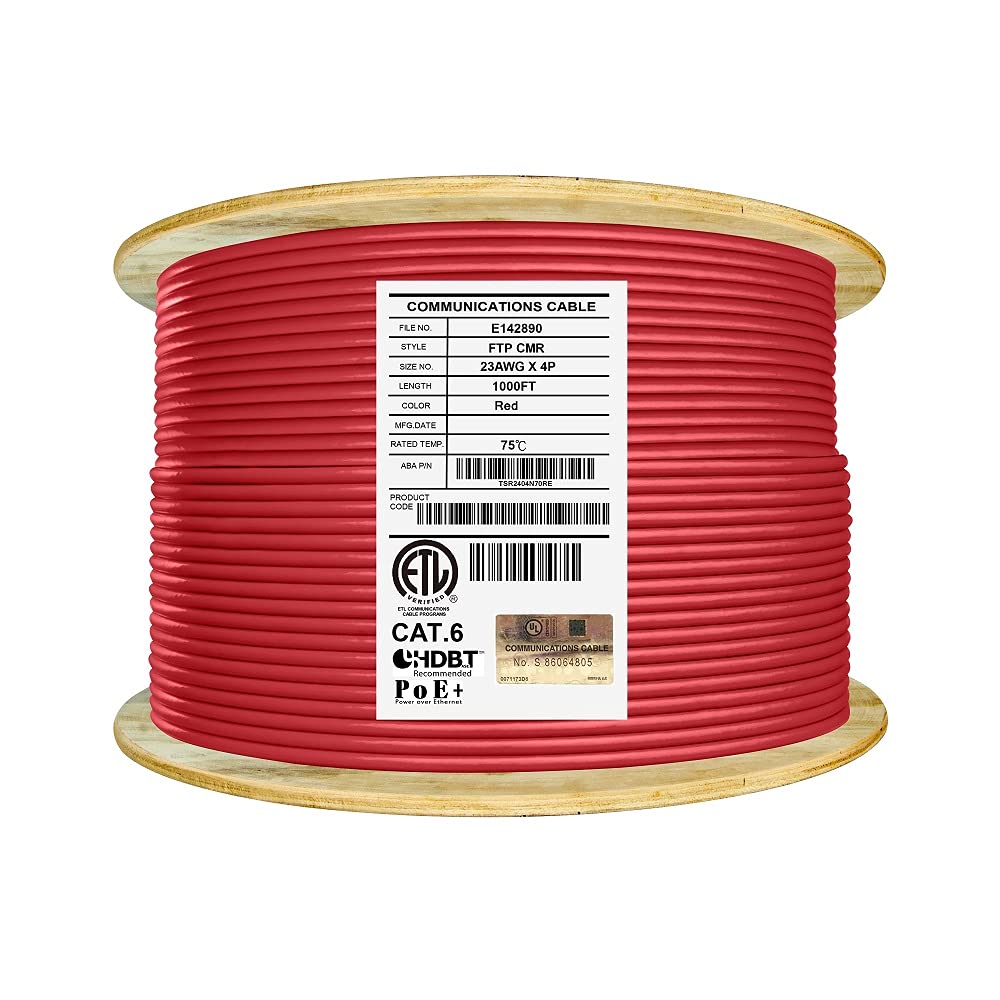 Cat6 Shielded Riser 1000ft F/UTP 23AWG Solid Bare Copper 550MHz Bulk Ethernet Cable Reel Orange N673585
