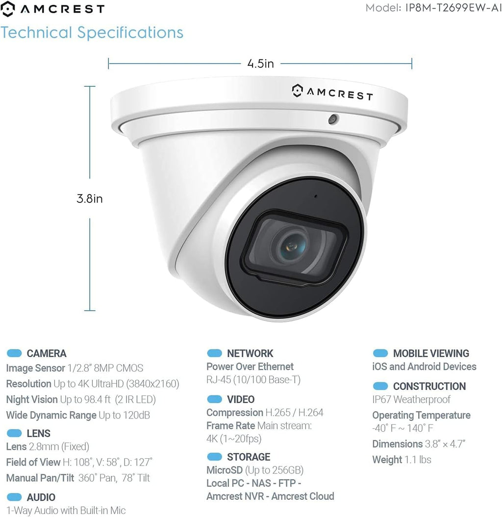 4K POE Outdoor Security Turret IP Camera, White T823488