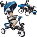 6-in-1 Foldable Baby Tricycle Stroller with Adjustable Push Handle, Removable Canopy, Safety Harness (Blue) P6863