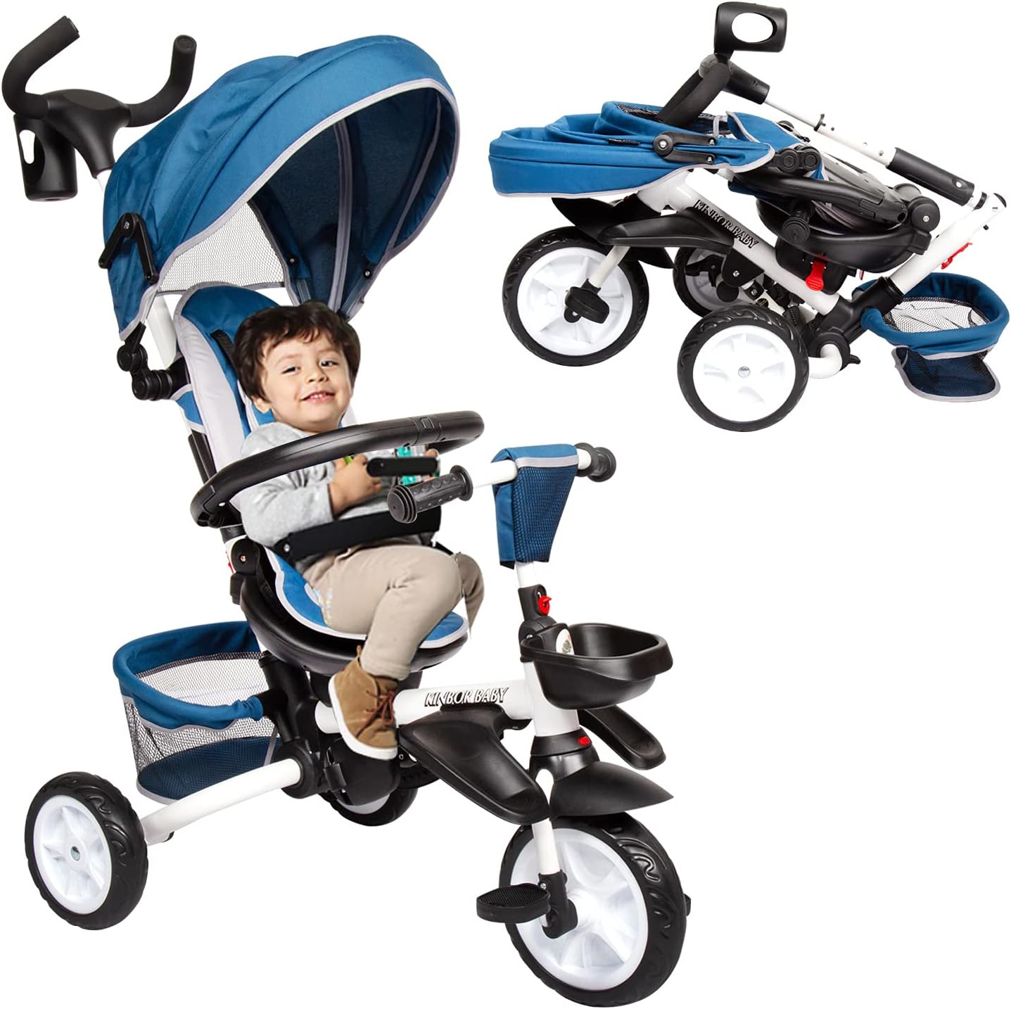 6-in-1 Foldable Baby Tricycle Stroller with Adjustable Push Handle, Removable Canopy, Safety Harness (Blue) P6863