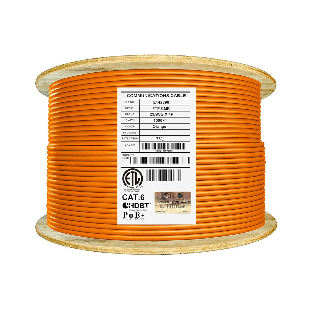 Cat6 Shielded Riser 1000ft F/UTP 23AWG Solid Bare Copper 550MHz Bulk Ethernet Cable Reel Orange N673585