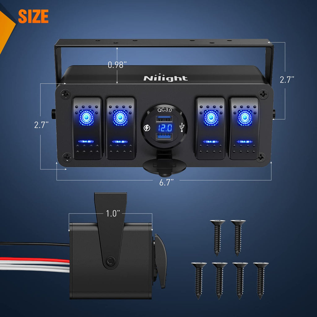 4 Gang Rocker Switch Panel 12V SPST ON Off Switch USB Charger Voltmeter Waterproof Aluminum H91770