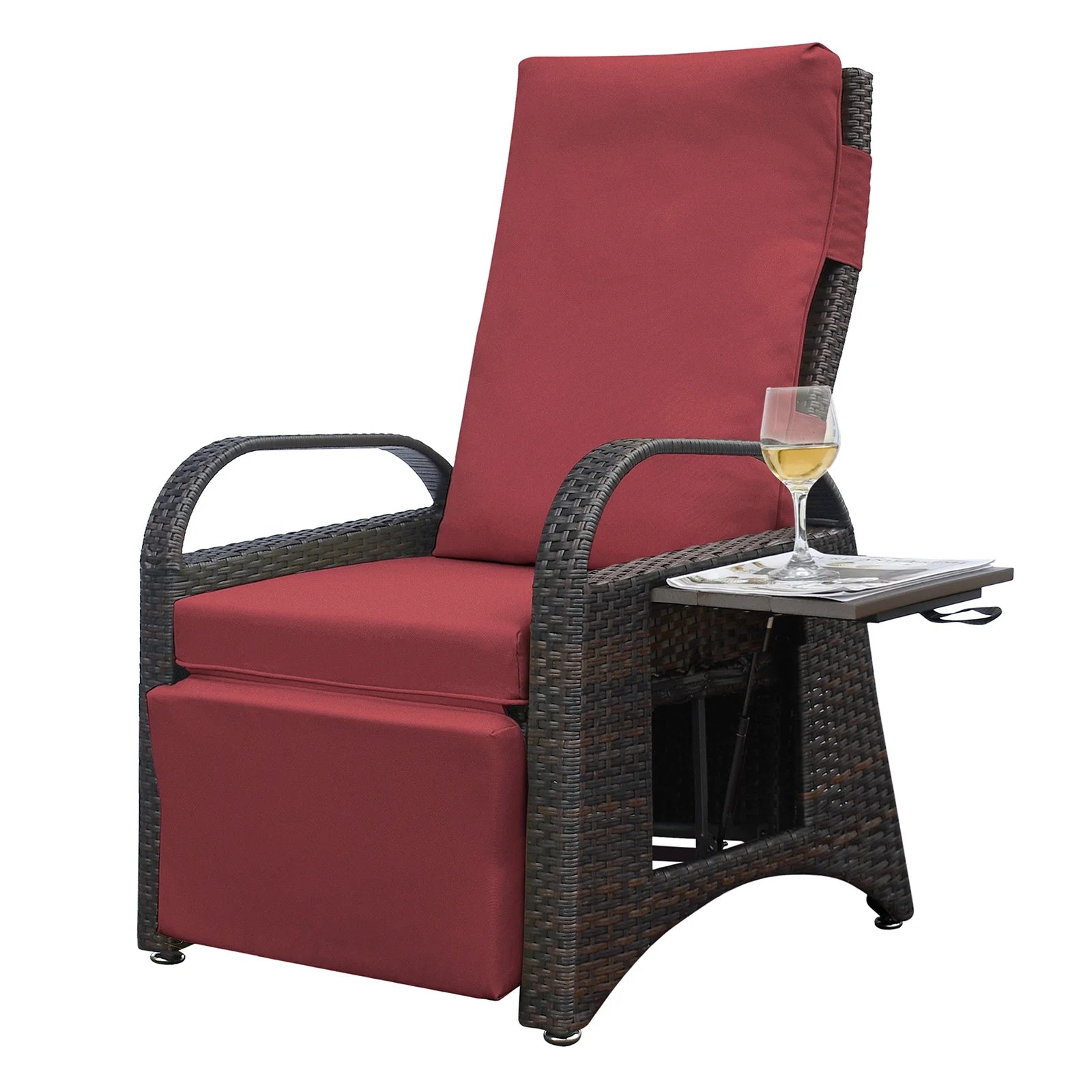 Red Rattan Reclining Armchair with Flip Table L220